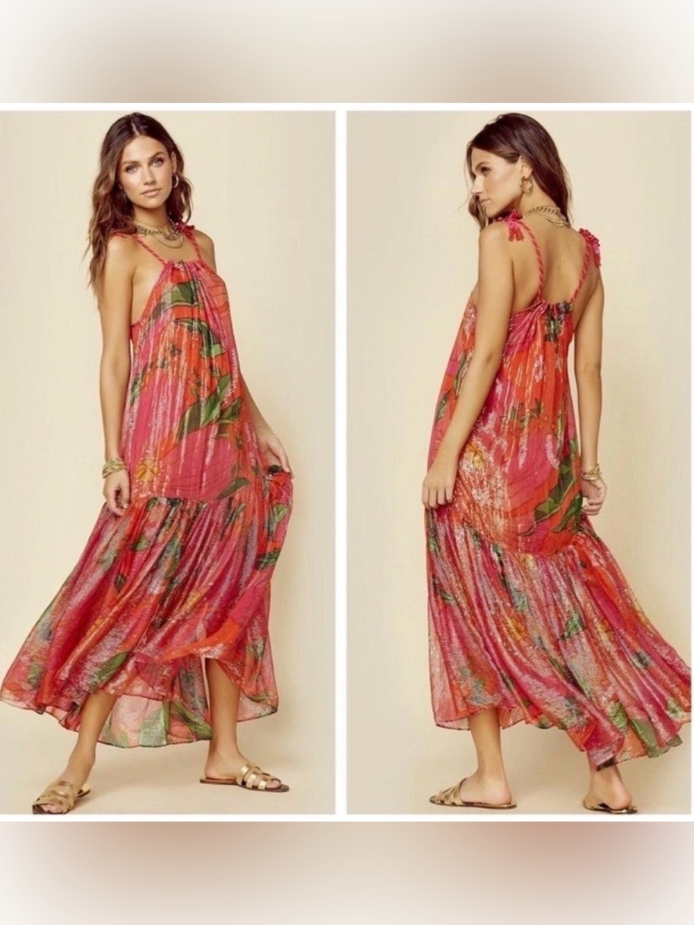 Farm Rio Pietra Maxi Dress Womens XS Floral Metallic Tassels Shimmer B30